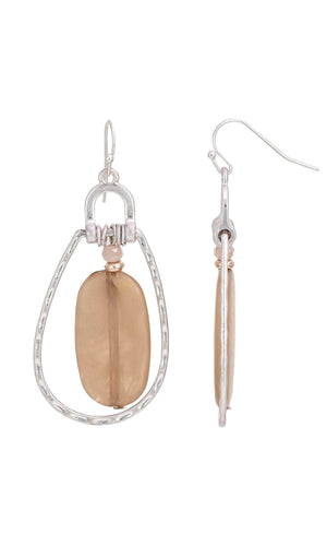 Hammered Silver Pink Stone Oval Drop Earrings