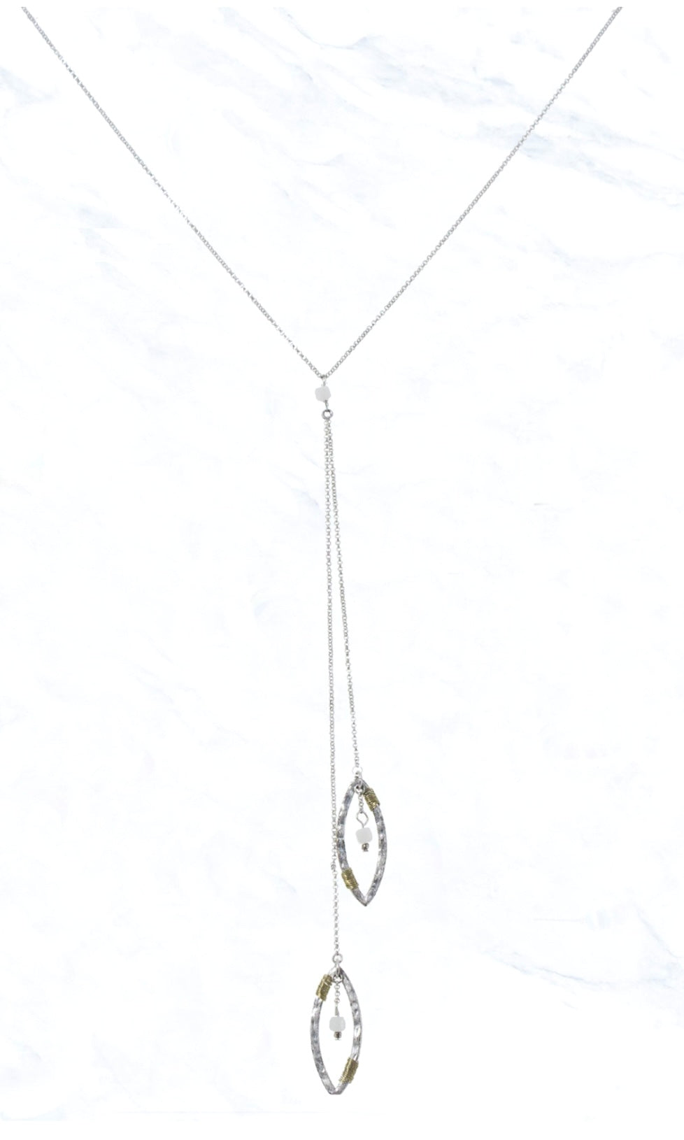 Necklace Worn Silver Wire Wrapped Pointed Oval Crystal Charm Lariat Necklace