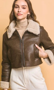 Armyn Brown Vegan Leather Shearling Contrast Side Pocket Jacket