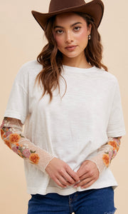 Allion White Embroidered Mesh Two-Fer Knit Top