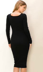 *SALE! Arster - Black Long Sleeve Bodycon Ribbed Knit Midi Sweater Dress