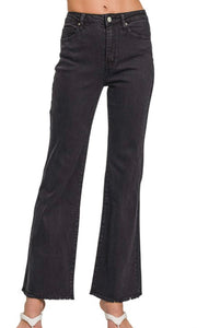 Acarie Black Wide Leg Stretch Cotton Frayed Hem Pants