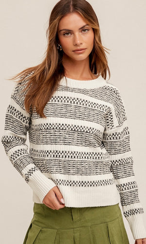*SALE! Astacy - Black-Cream Textured Pullover Sweater Top
