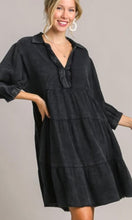 Aluan Black Snow Washed Cotton Frayed Edge Tiered Dress