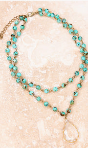 Necklace Lourdes Clear Drop Crystal Pendant Turquoise Double Layer Beaded Necklace
