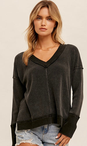 *SALE! Auna - Washed Charcoal Black Thermal Knit Top