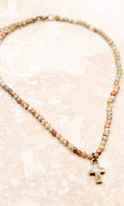 Kara Imperial Jasper Cross Pendant Beaded Short Necklace