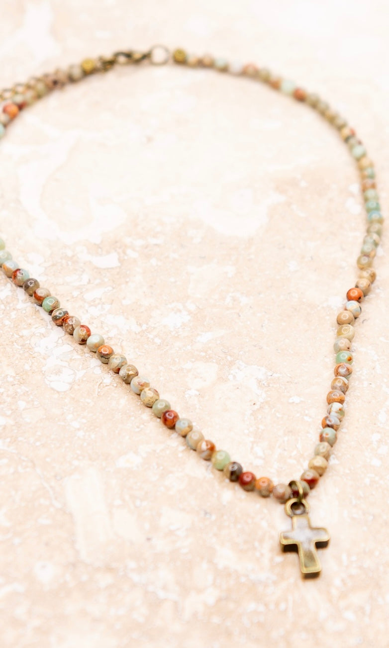 Kara Imperial Jasper Cross Pendant Beaded Short Necklace