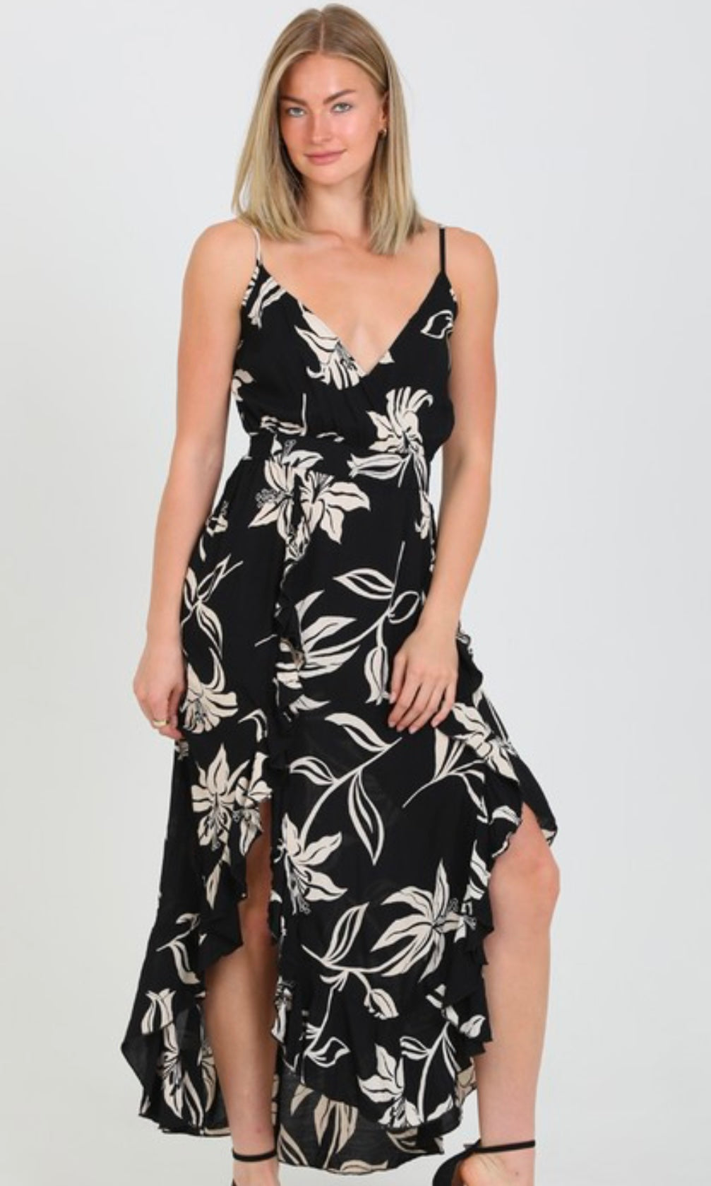 Crissy Black V Neck Ruffled Slits Maxi Dress