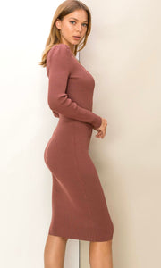 *SALE! Arster - Cocoa Brown Long Sleeve Bodycon Ribbed Knit Midi Sweater Dress