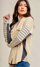 Atahny Cream / Grey Stripe Contrast Thermal Knit Shacket Jacket Top