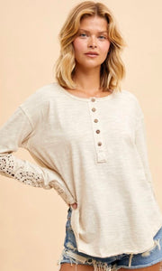 Ambry Cream Washed Cotton Crochet Cuff Knit Top