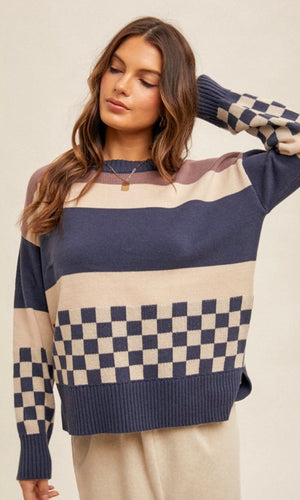 Abora Blue Mixed Pattern Sweater Top