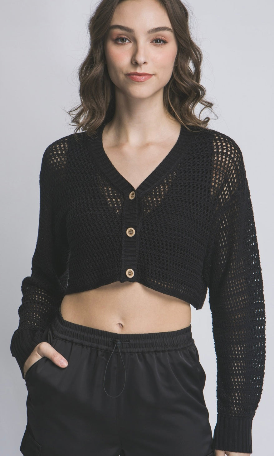 Apollo Black Crochet Crop Cardigan Sweater Top