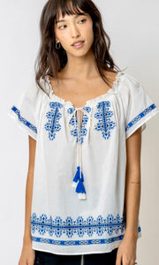 Abaja White & Blue Embroidered Peasant Shirt Top