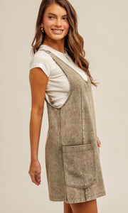 Avanda Olive Snow-Washed Overall Pocket Dress