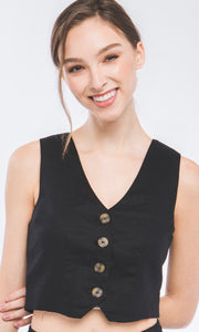 Asura Black Lace-Up Back Linen Vest Top