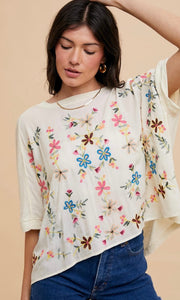 Acea Ivory  Vintage Embroidered Floral Oversized Tee Shirt