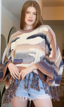 Callie Ivory and Blue Wide Sleeve Pullover Sweater With Fringe