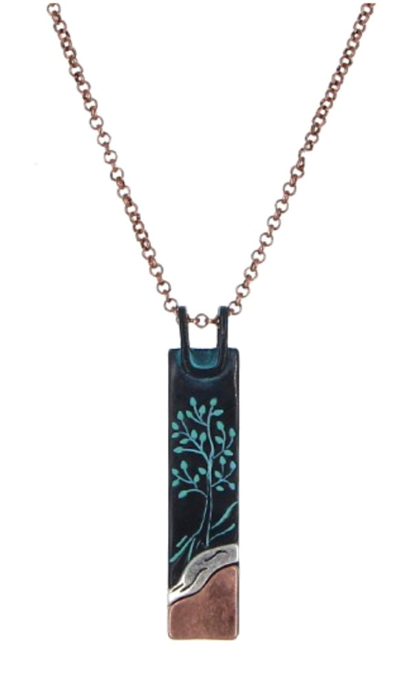 Etched Tree Antique Patina Mixed Metal Rectangle Pendant Necklace