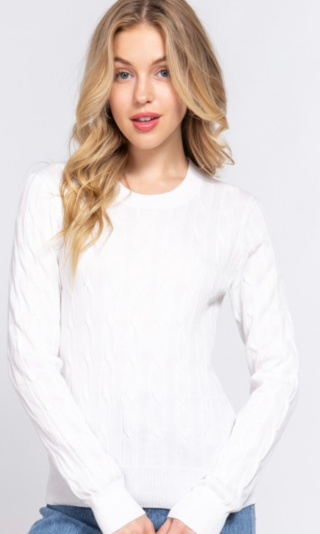 Campbell White Long Sleeve Round Neck Cable Sweater