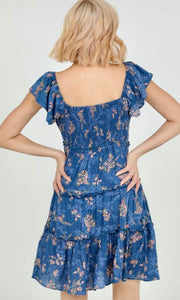 Alette Blue Floral Print Smocked Dress