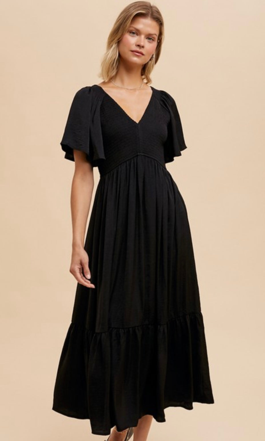 Artiste New Black Washed Satin Empire Smocked Midi Dress