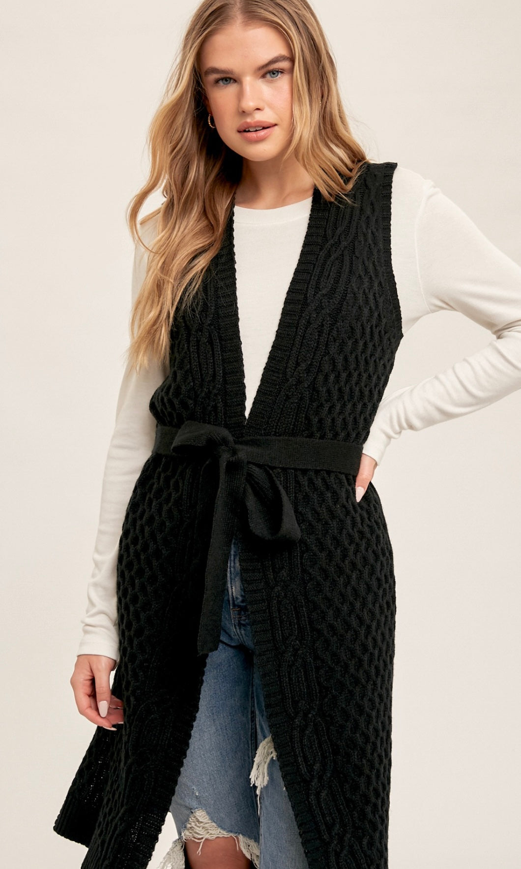 Amista Black Cableknit Belted Longline Cardigan Sweater