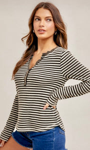 Aspian Snow-Washed Black Stripe Henley Knit Top