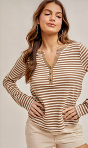 Aspian Snow-Washed Taupe Stripe Henley Knit Top