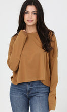 Celeste Camel Raw Edge Long Sleeve Slubby Knit Top