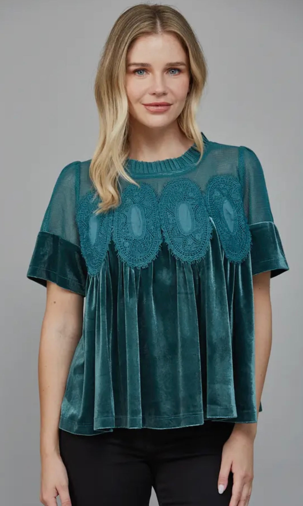 Holland Teal Lace Detail Velvet Babydoll Top