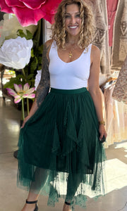 McKenna  Green Beaded Mesh Pleated Skirt