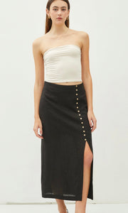 Abiya Black Button Trim Front Slit Midi Skirt