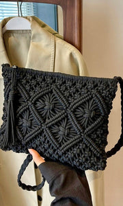Becks Black Woven Bohemian Crochet Tassel Crossbody Bag