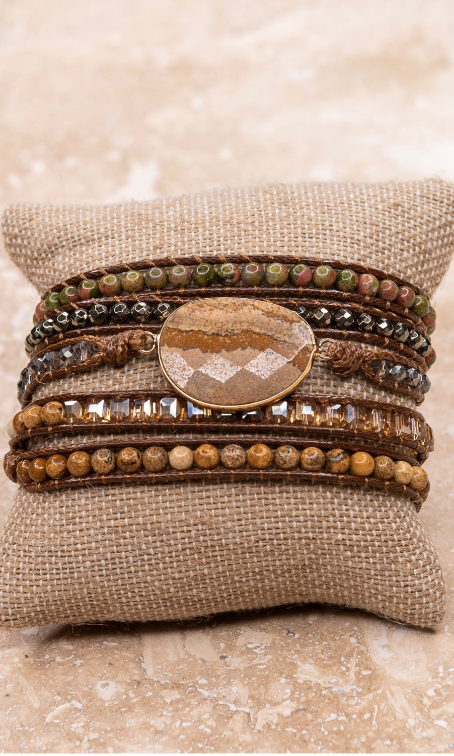 Kelly Jasper/Brown Beaded Vegan Leather Wrap Bracelet