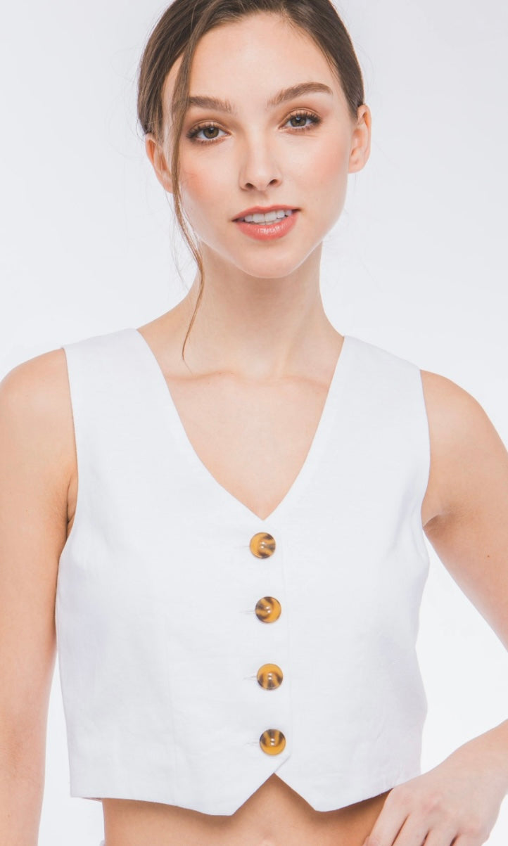 Asura White Lace-Up Back Linen Vest Top
