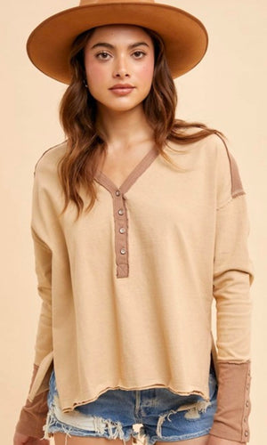 Alan Oatmeal Washed Cotton Button Cuff Knit Top