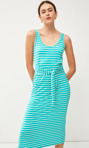 Ashli Sea Green Stripe Waist Tie Knit Midi Dress