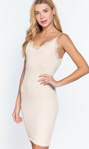 Anchal Beige Taupe Lace Trim Seamless Slip  Dress
