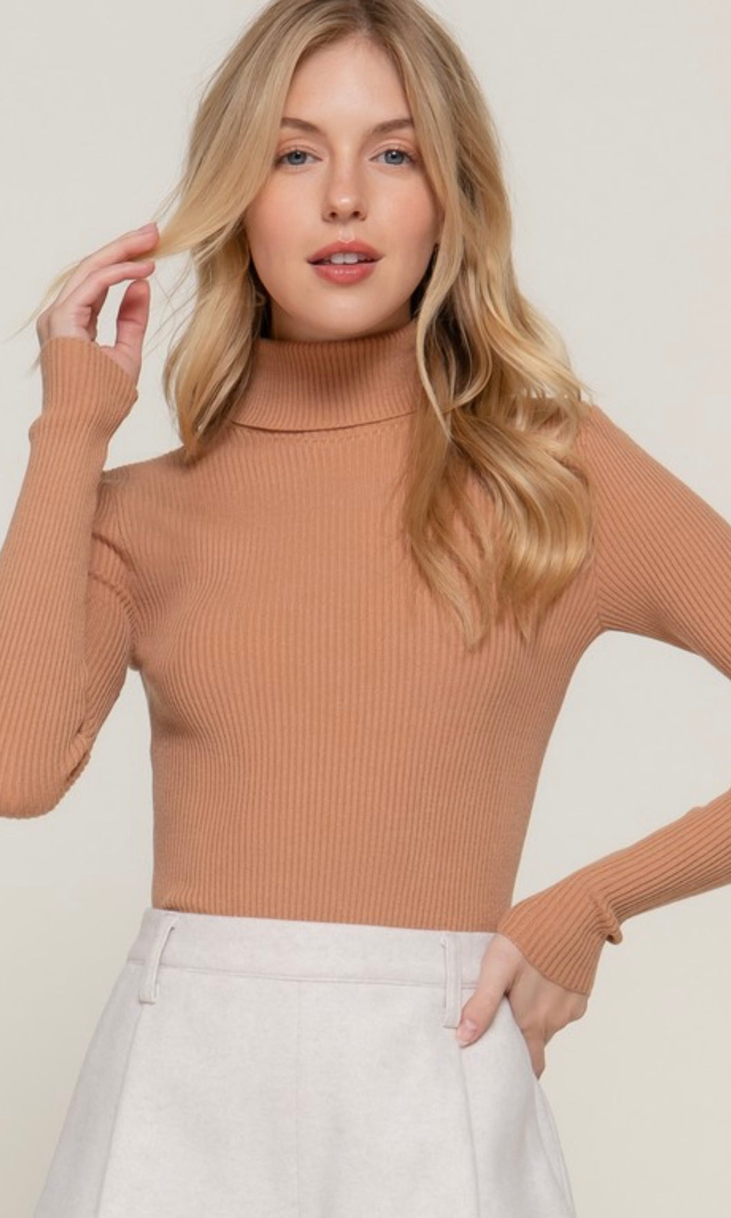 Cambria Khaki Turtle Neck Fitted Rib Knit Sweater Top