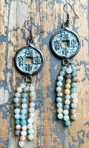 Samantha Amazonite Beaded Patina Coin Drop Earrings