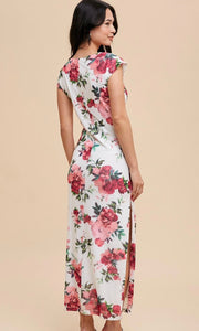 Alcinia Pink Peony Floral Mesh Ruched Midi Dress
