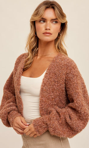 Alinia Rust Cozy Boucle Shrug Cardigan Sweater