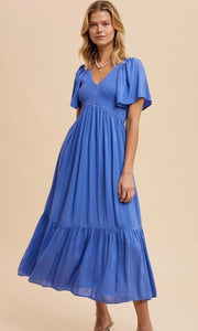 Artiste Indigo Washed Satin Empire Smocked Midi Dress