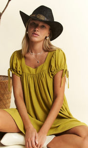 Dream Lime Green Washed Linen Bubble Sleeve Dress