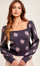 Afauna Charoal Floral Scalloped Sweater Top