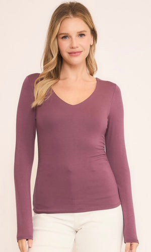 Charlene Plum Double Layered Side Rouched Long Sleeve Top