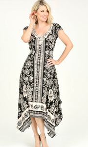 Amarlow Black Boho Border Print Tie-Back Hanky Hem Midi Dress