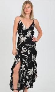 Crissy Black V Neck Ruffled Slits Maxi Dress